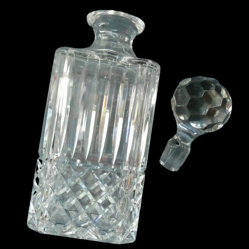 Vintage LARGE Square Cut CRYSTAL Decanter with Faceted Heavy Globe Stopper; possibly Royal Doulton