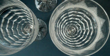 Load image into Gallery viewer, 1930s ART DECO Stuart Crystal FOUR Wine Glasses. With Cut Oval Facets and Engraved Fan Fringe Pattern. Height 5 3/8 inches
