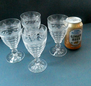 1930s ART DECO Stuart Crystal FOUR Wine Glasses. With Cut Oval Facets and Engraved Fan Fringe Pattern. Height 5 3/8 inches