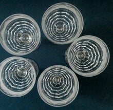 Load image into Gallery viewer, 1930s ART DECO Stuart Crystal FIVE Wine Glasses. With Cut Oval Facets and Engraved Fan Fringe Pattern. Height 4 1/2 inches
