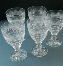 Load image into Gallery viewer, 1930s ART DECO Stuart Crystal FIVE Wine Glasses. With Cut Oval Facets and Engraved Fan Fringe Pattern. Height 4 1/2 inches

