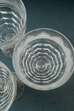 Load image into Gallery viewer, 1930s ART DECO Stuart Crystal FIVE Wine Glasses. With Cut Oval Facets and Engraved Fan Fringe Pattern. Height 4 1/2 inches
