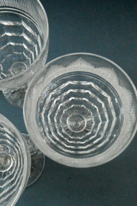 1930s ART DECO Stuart Crystal FIVE Wine Glasses. With Cut Oval Facets and Engraved Fan Fringe Pattern. Height 4 1/2 inches