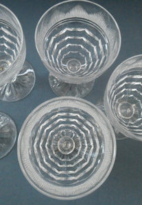 1930s ART DECO Stuart Crystal FIVE Wine Glasses. With Cut Oval Facets and Engraved Fan Fringe Pattern. Height 4 1/2 inches