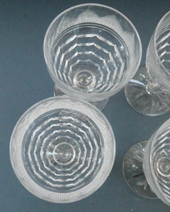 1930s ART DECO Stuart Crystal FIVE Wine Glasses. With Cut Oval Facets and Engraved Fan Fringe Pattern. Height 4 1/2 inches