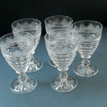 Load image into Gallery viewer, 1930s ART DECO Stuart Crystal FIVE Wine Glasses. With Cut Oval Facets and Engraved Fan Fringe Pattern. Height 4 1/2 inches
