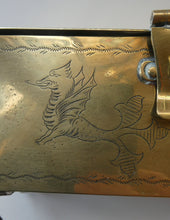 Load image into Gallery viewer, Arts and Crafts Brass Casket with Engraved Wyvern Decoration, Strapwork Bands &amp; Claw Feet
