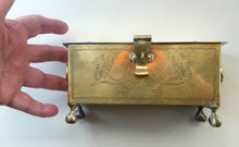 Load image into Gallery viewer, Arts and Crafts Brass Casket with Engraved Wyvern Decoration, Strapwork Bands &amp; Claw Feet
