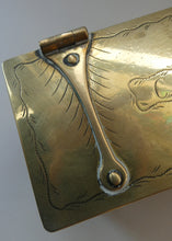 Load image into Gallery viewer, Arts and Crafts Brass Casket with Engraved Wyvern Decoration, Strapwork Bands &amp; Claw Feet
