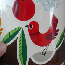 Load image into Gallery viewer, 1960s Vintage Cadbury&#39;s Biscuit Tin with Fitted Lid. Cartoon Birds and Apple Pattern
