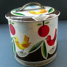 Load image into Gallery viewer, 1960s Vintage Cadbury&#39;s Biscuit Tin with Fitted Lid. Cartoon Birds and Apple Pattern

