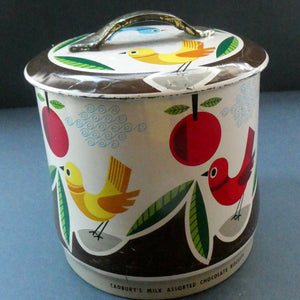 1960s Vintage Cadbury's Biscuit Tin with Fitted Lid. Cartoon Birds and Apple Pattern