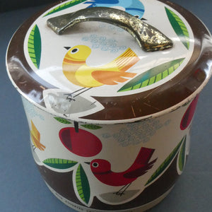 1960s Vintage Cadbury's Biscuit Tin with Fitted Lid. Cartoon Birds and Apple Pattern