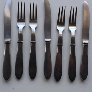 Vintage Danish GEORG JENSEN Stainless Steel RAADVAD FOUR Dessert Forks and THREE Knives (Mitra Shape)
