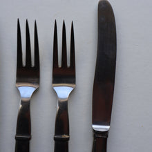 Load image into Gallery viewer, Vintage Danish GEORG JENSEN Stainless Steel RAADVAD FOUR Dessert Forks and THREE Knives (Mitra Shape) 
