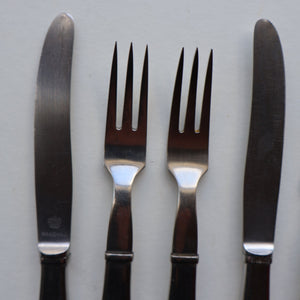Vintage Danish GEORG JENSEN Stainless Steel RAADVAD FOUR Dessert Forks and THREE Knives (Mitra Shape)