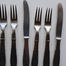 Load image into Gallery viewer, Vintage Danish GEORG JENSEN Stainless Steel RAADVAD FOUR Dessert Forks and THREE Knives (Mitra Shape)
