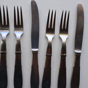 Vintage Danish GEORG JENSEN Stainless Steel RAADVAD FOUR Dessert Forks and THREE Knives (Mitra Shape)