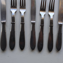 Load image into Gallery viewer, Vintage Danish GEORG JENSEN Stainless Steel RAADVAD FOUR Dessert Forks and THREE Knives (Mitra Shape)
