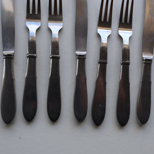 Vintage Danish GEORG JENSEN Stainless Steel RAADVAD FOUR Dessert Forks and THREE Knives (Mitra Shape)