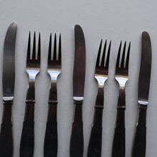 Load image into Gallery viewer, Vintage Danish GEORG JENSEN Stainless Steel RAADVAD FOUR Dessert Forks and THREE Knives (Mitra Shape)
