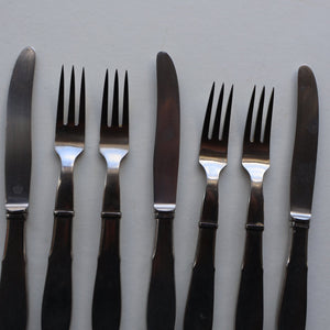 Vintage Danish GEORG JENSEN Stainless Steel RAADVAD FOUR Dessert Forks and THREE Knives (Mitra Shape)