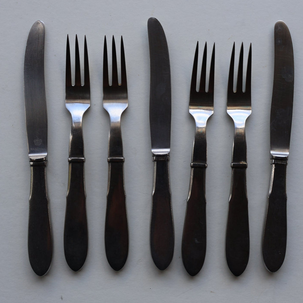 Vintage Danish GEORG JENSEN Stainless Steel RAADVAD FOUR Dessert Forks and THREE Knives (Mitra Shape)