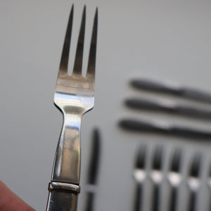 Vintage Danish GEORG JENSEN Stainless Steel RAADVAD FOUR Dessert Forks and THREE Knives (Mitra Shape)