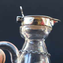 Load image into Gallery viewer, A/ ANTIQUE Edwardian WHISKY NOGGIN. Hallmarked 1907 Hukin and Heath Silver Mounts; with Cute Miniature Silver Whisky Label
