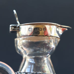 A/ ANTIQUE Edwardian WHISKY NOGGIN. Hallmarked 1907 Hukin and Heath Silver Mounts; with Cute Miniature Silver Whisky Label