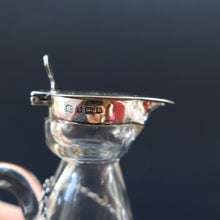 Load image into Gallery viewer, A/ ANTIQUE Edwardian WHISKY NOGGIN. Hallmarked 1907 Hukin and Heath Silver Mounts; with Cute Miniature Silver Whisky Label
