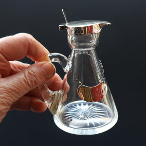 B/ ANTIQUE WHISKY NOGGIN. Hallmarked 1907 Hukin and Heath Silver Mounts; with Cute Miniature Silver Whisky Label