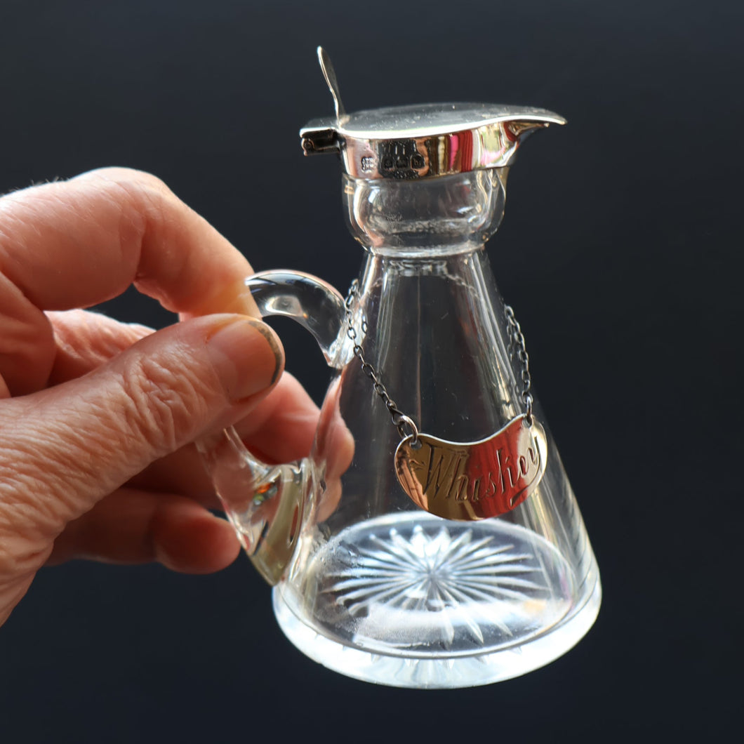 B/ ANTIQUE WHISKY NOGGIN. Hallmarked 1907 Hukin and Heath Silver Mounts; with Cute Miniature Silver Whisky Label