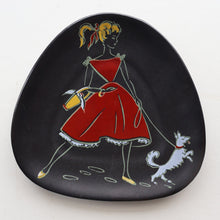 Load image into Gallery viewer, Sweet Little 1950s German U-Keramik Plate by Ursula Schonhaber Showing a Girl Walking her Dog

