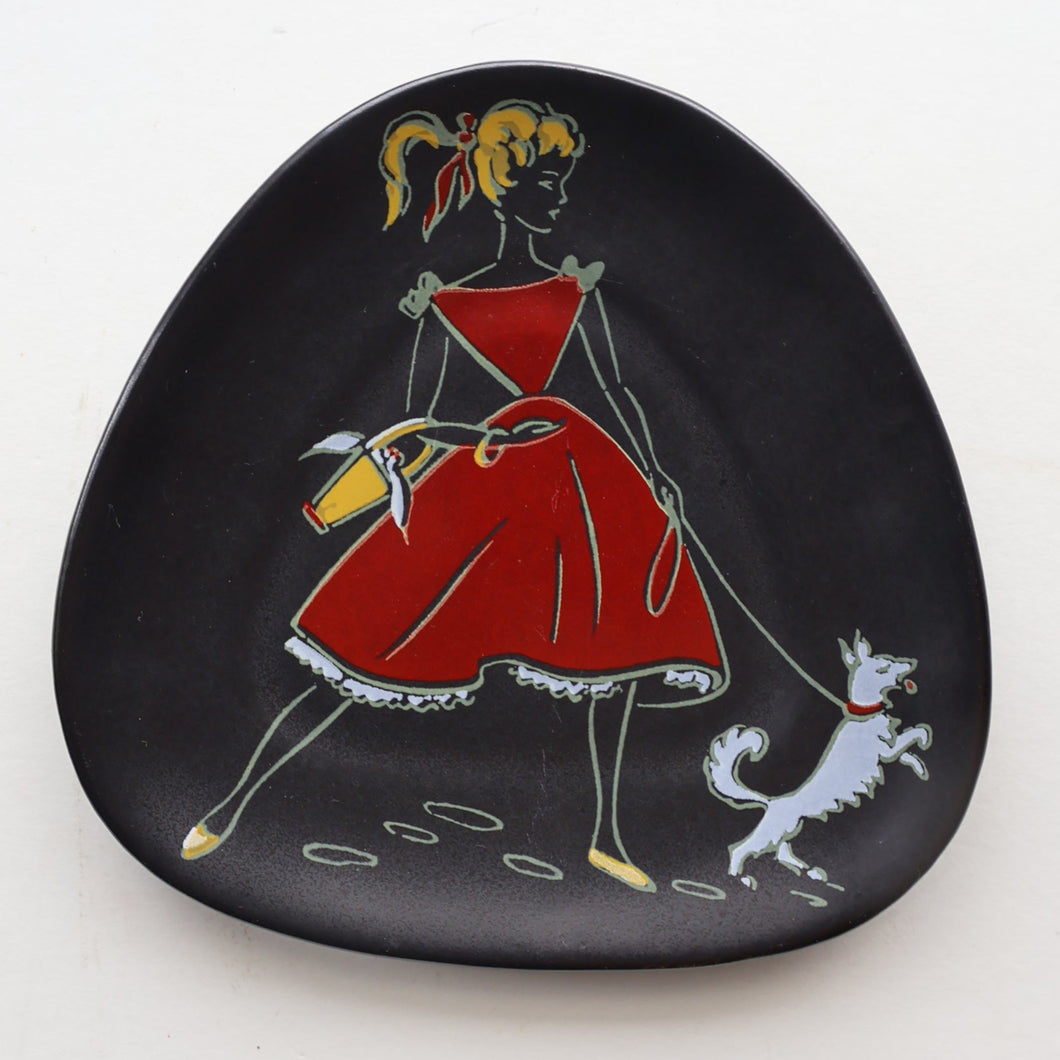 Sweet Little 1950s German U-Keramik Plate by Ursula Schonhaber Showing a Girl Walking her Dog