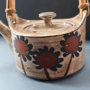 STUDIO POTTERY. Vintage 1960s Teapot with Sunflower Pattern & Cane Handle by Briglin Pottery