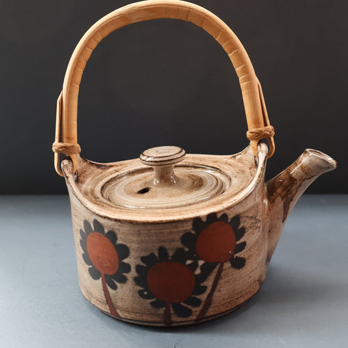 STUDIO POTTERY. Vintage 1960s Teapot with Sunflower Pattern & Cane Handle by Briglin Pottery
