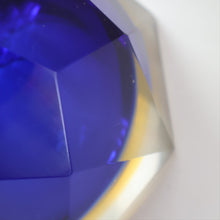 Load image into Gallery viewer, 1960s MURANO Shallow Round Glass Bowl. Vintage Sommerso Geode Blue, Yellow and Clear Bowl

