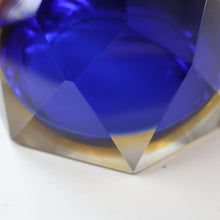 Load image into Gallery viewer, 1960s MURANO Shallow Round Glass Bowl. Vintage Sommerso Geode Blue, Yellow and Clear Bowl
