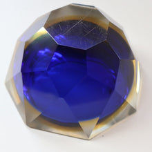 Load image into Gallery viewer, 1960s MURANO Shallow Round Glass Bowl. Vintage Sommerso Geode Blue, Yellow and Clear Bowl
