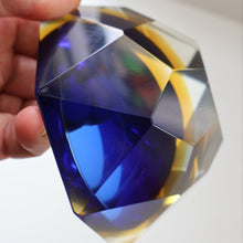 Load image into Gallery viewer, 1960s MURANO Shallow Round Glass Bowl. Vintage Sommerso Geode Blue, Yellow and Clear Bowl
