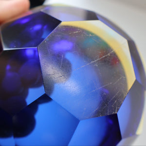 1960s MURANO Shallow Round Glass Bowl. Vintage Sommerso Geode Blue, Yellow and Clear Bowl