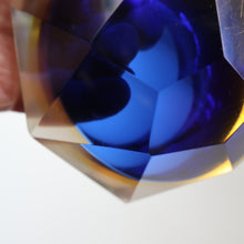 Load image into Gallery viewer, 1960s MURANO Shallow Round Glass Bowl. Vintage Sommerso Geode Blue, Yellow and Clear Bowl
