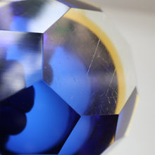 Load image into Gallery viewer, 1960s MURANO Shallow Round Glass Bowl. Vintage Sommerso Geode Blue, Yellow and Clear Bowl
