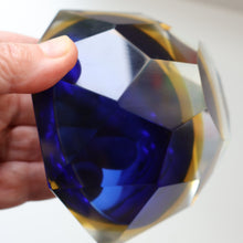 Load image into Gallery viewer, 1960s MURANO Shallow Round Glass Bowl. Vintage Sommerso Geode Blue, Yellow and Clear Bowl

