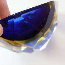 Load image into Gallery viewer, 1960s MURANO Shallow Round Glass Bowl. Vintage Sommerso Geode Blue, Yellow and Clear Bowl
