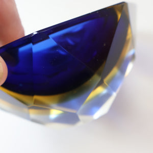 1960s MURANO Shallow Round Glass Bowl. Vintage Sommerso Geode Blue, Yellow and Clear Bowl