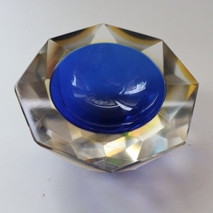 1960s MURANO Shallow Round Glass Bowl. Vintage Sommerso Geode Blue, Yellow and Clear Bowl