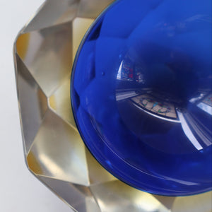 1960s MURANO Shallow Round Glass Bowl. Vintage Sommerso Geode Blue, Yellow and Clear Bowl