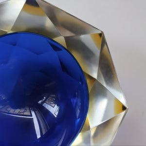 1960s MURANO Shallow Round Glass Bowl. Vintage Sommerso Geode Blue, Yellow and Clear Bowl